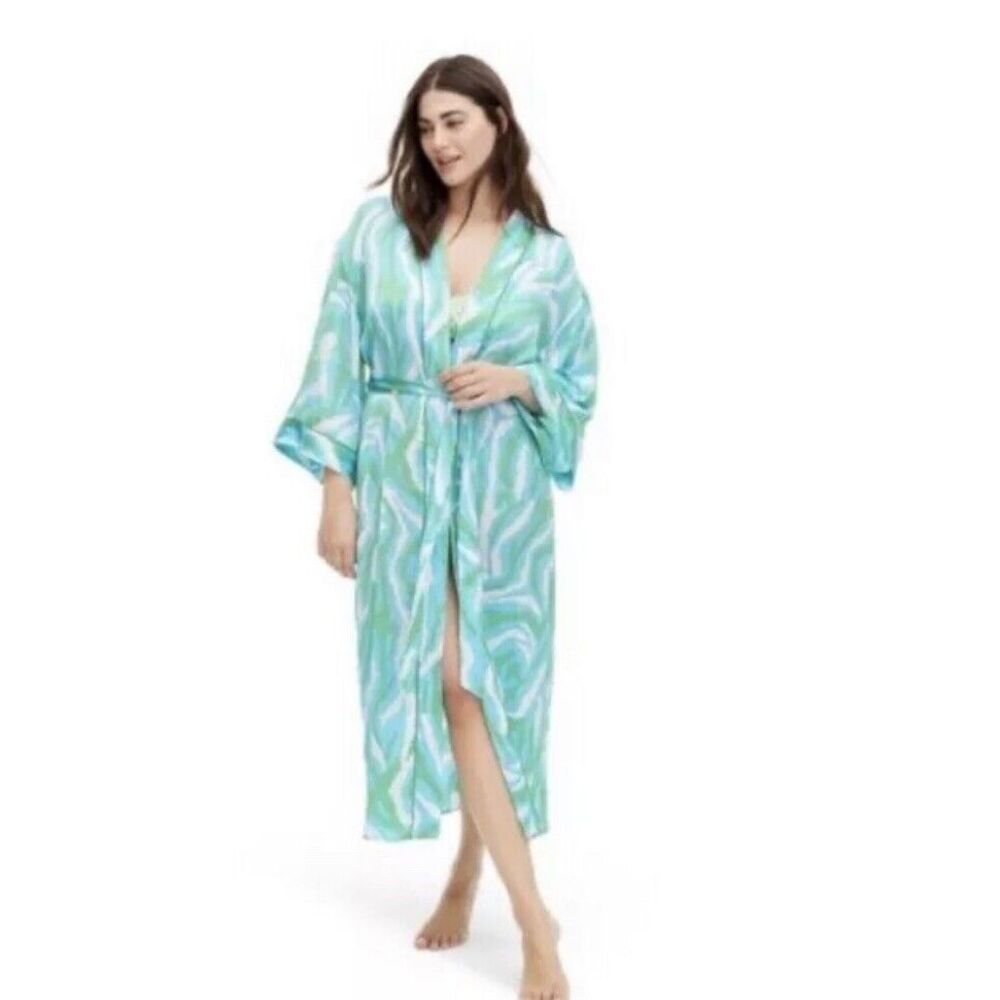 DVF Target Diane Von Furstenberg Long Satin Disco Zebra Green Robe Size 2XS